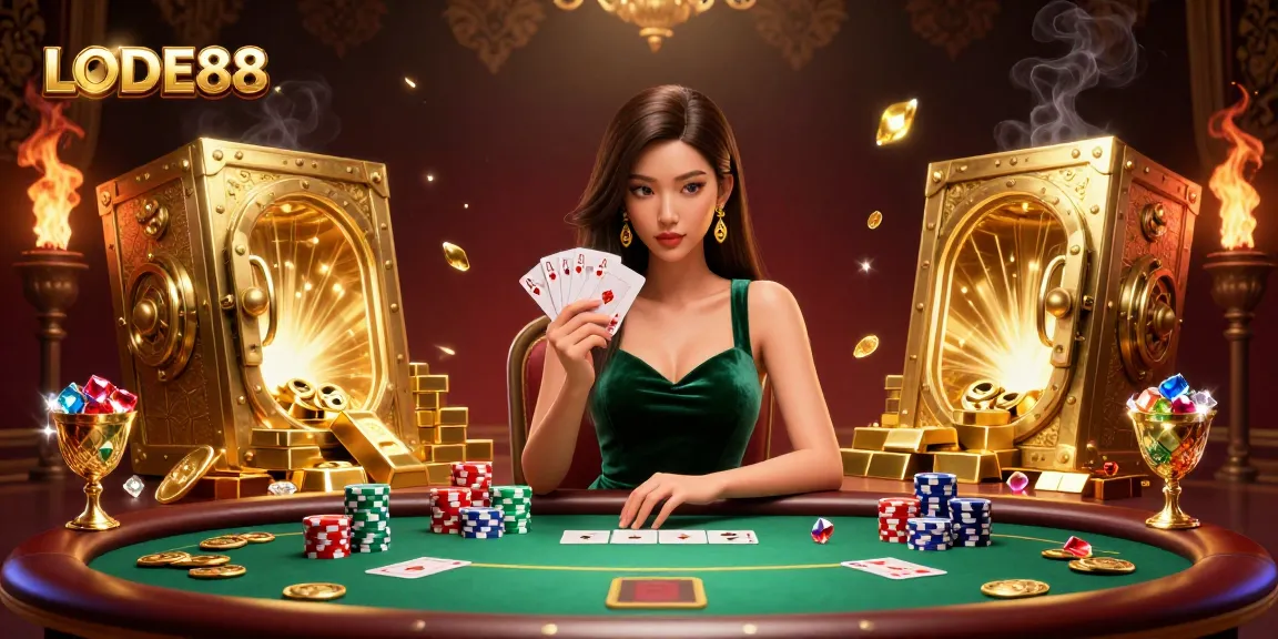 Experience the thrill of winning at LODE88's luxury poker table surrounded by treasures.