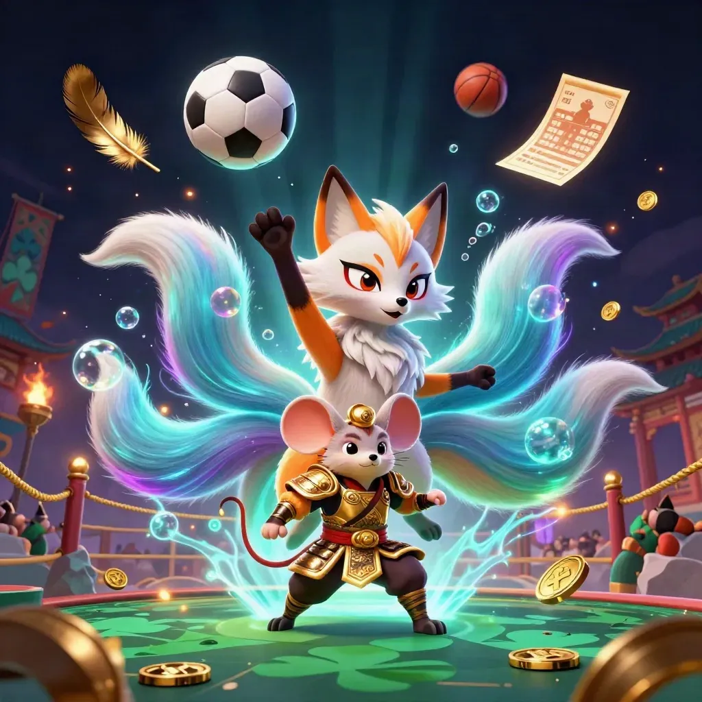 Neon fox spirit and golden samurai mouse amid casino-sports icons and temple lights