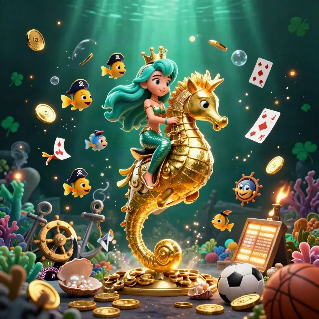 Mermaid princess on golden seahorse amid treasure, fish, coins, and neon casino glow.