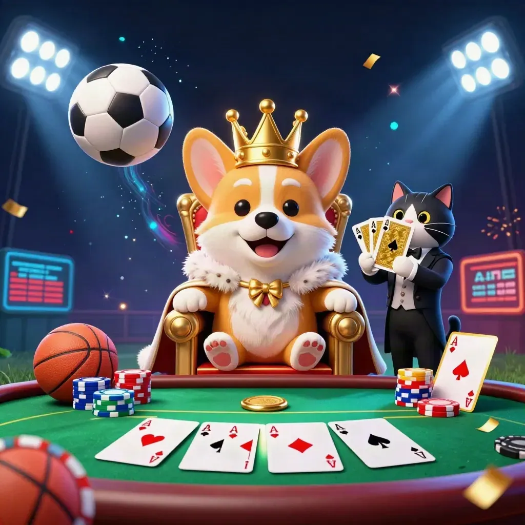 Crowned corgi and cat butler over poker chips, soccer ball, and neon casino lights.
