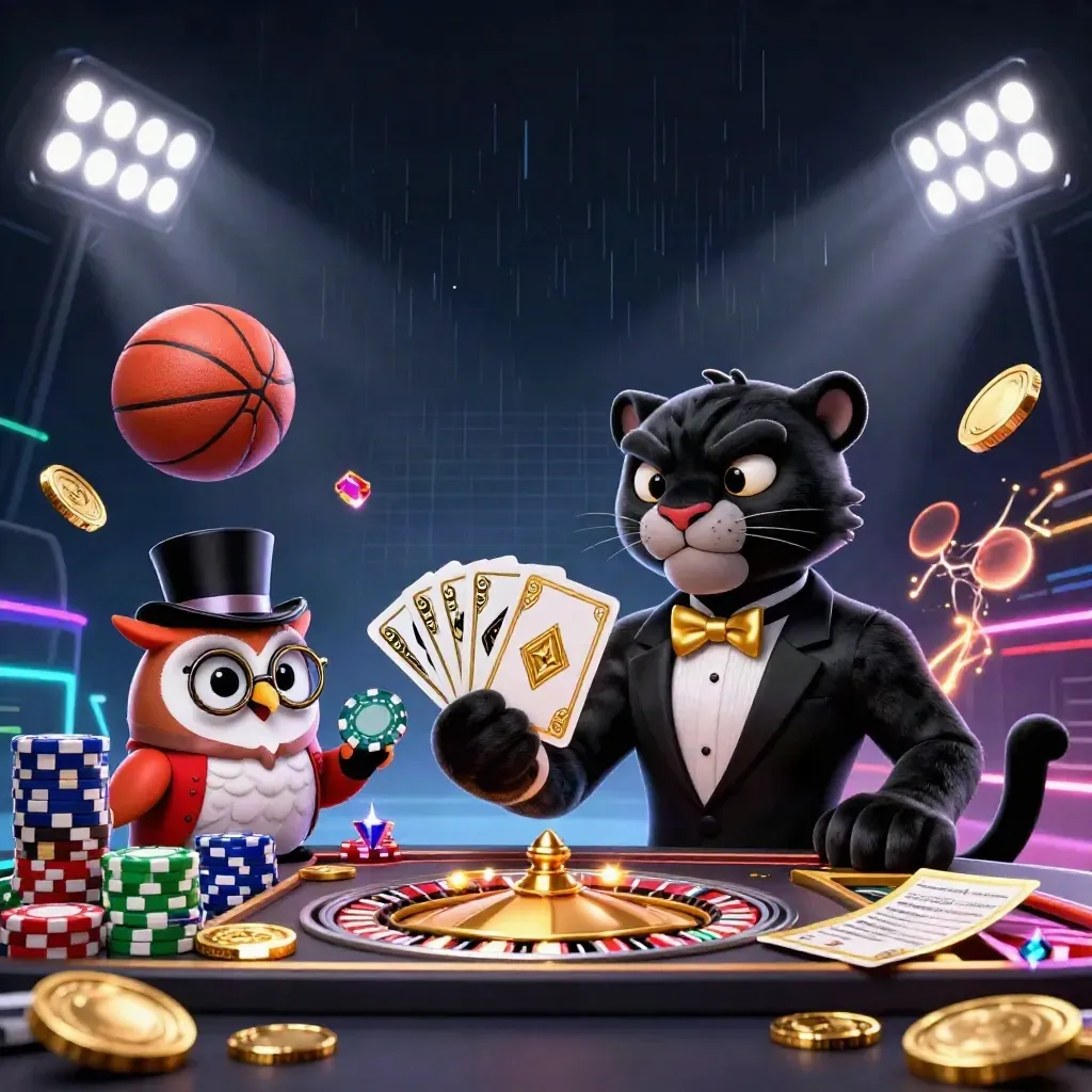 Cartoon panther, owl, and mouse with casino chips, cards, coins, soccer ball, and basketball in neon light