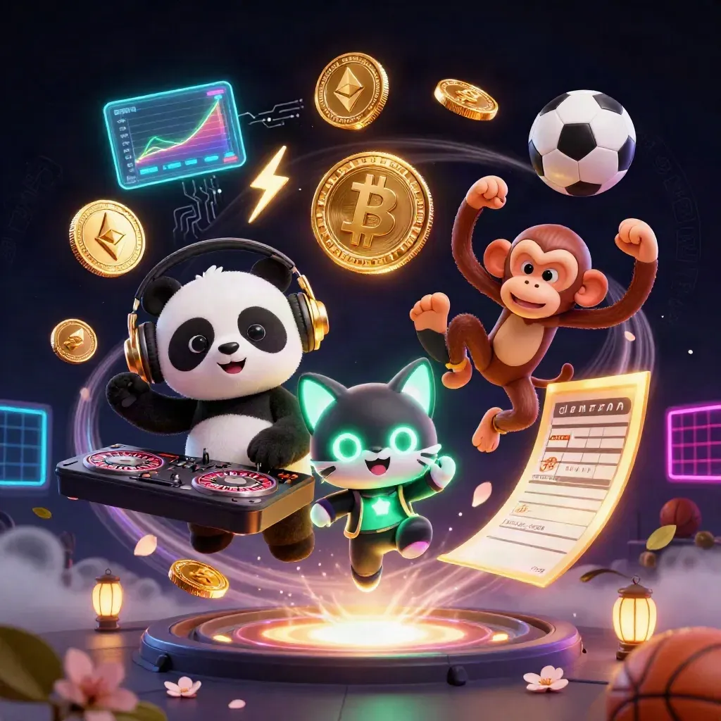 Panda DJ, breakdancing monkey and rave kitten amid casino lights, coins and neon effects.