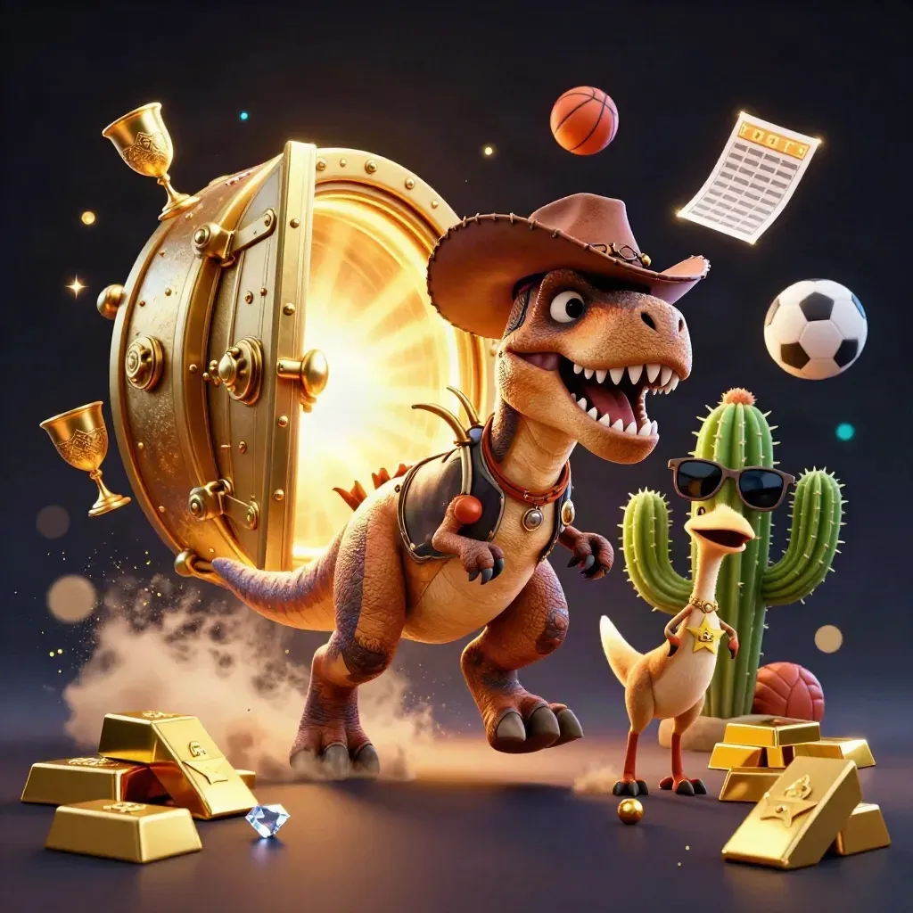 Cowboy T-Rex, cactus, and roadrunner with vault, gold, and sports balls
