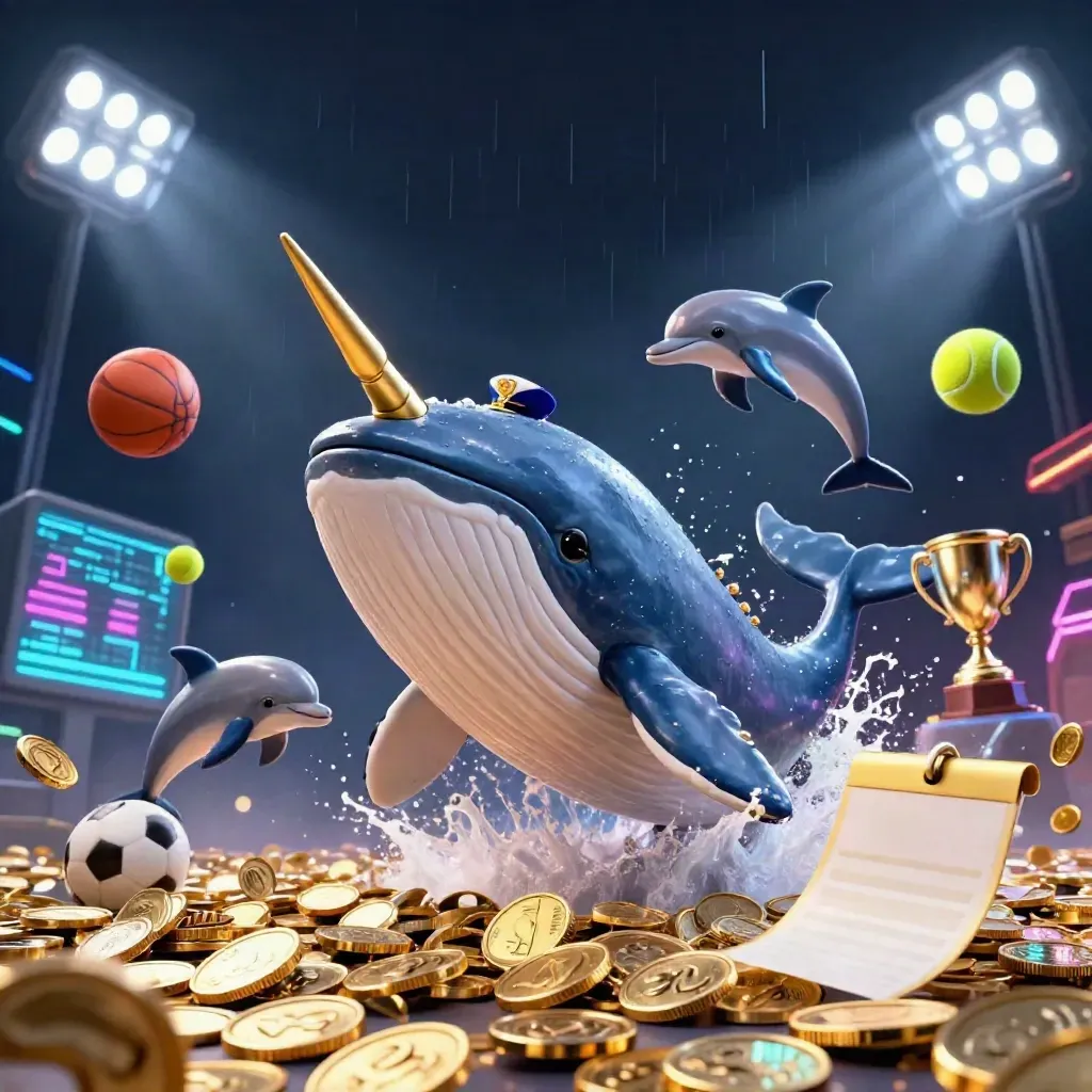 Giant cartoon whale, narwhal, and dolphins in neon casino action with flying sports balls and coins.