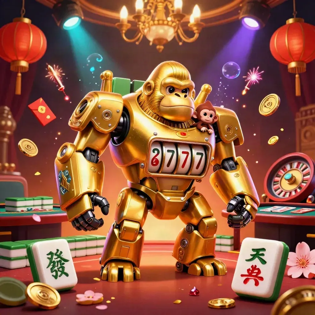 Golden gorilla mech with monkey pilot amid casino-luxury glow, lanterns, jade coins, and fireworks.