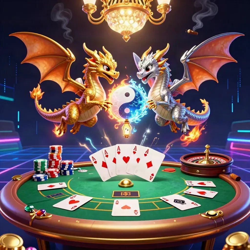 Twin gold and silver dragons swirl above a neon casino table with chips and a tiny lantern spirit.