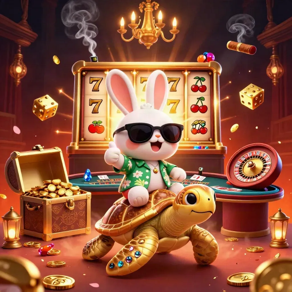 Lucky rabbit on golden sea turtle amid casino loot, slot burst, roulette, and warm neon glow