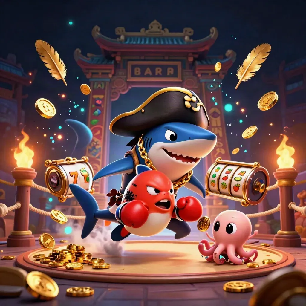 Pirate shark, boxing pufferfish and coin-juggling octopus in a neon casino treasure burst.