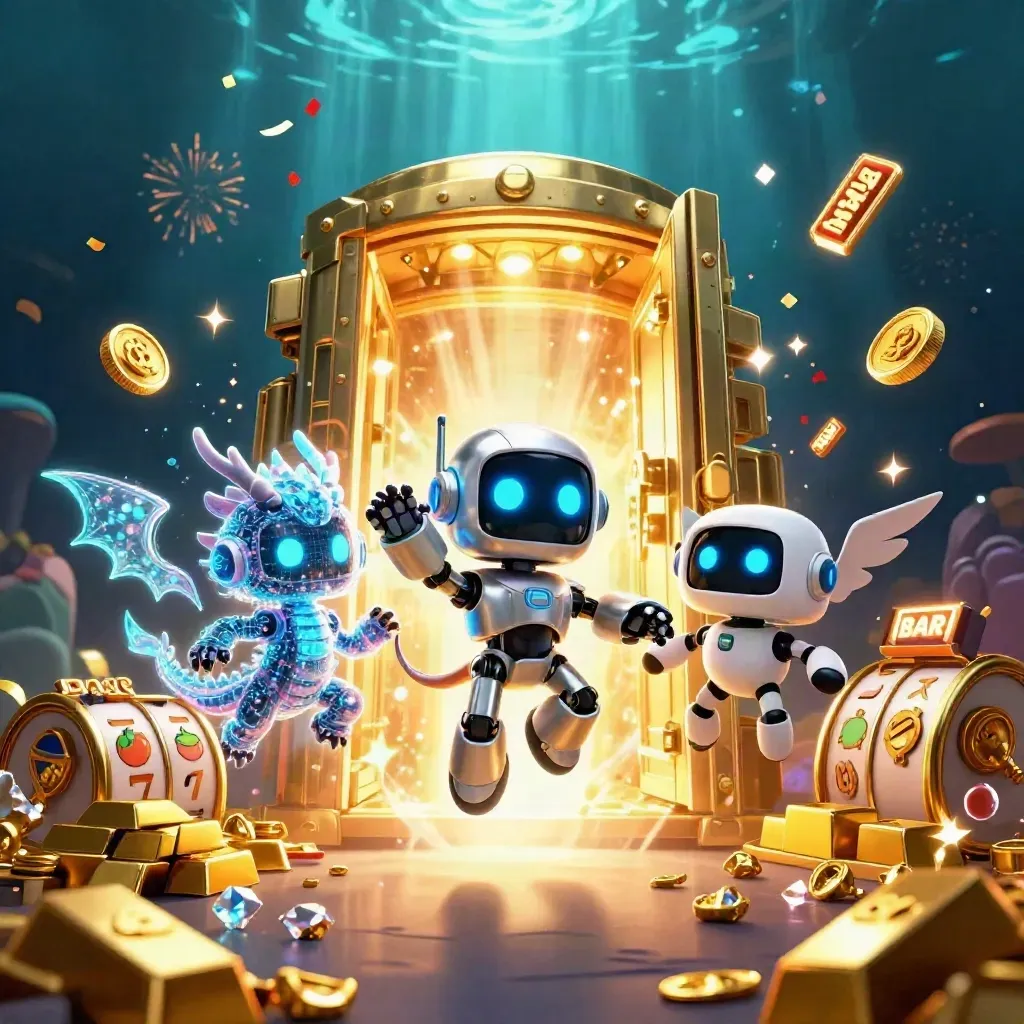 Cyberpunk robot, holographic dragon, and coin drone burst from a gold vault amid treasure and neon effects.