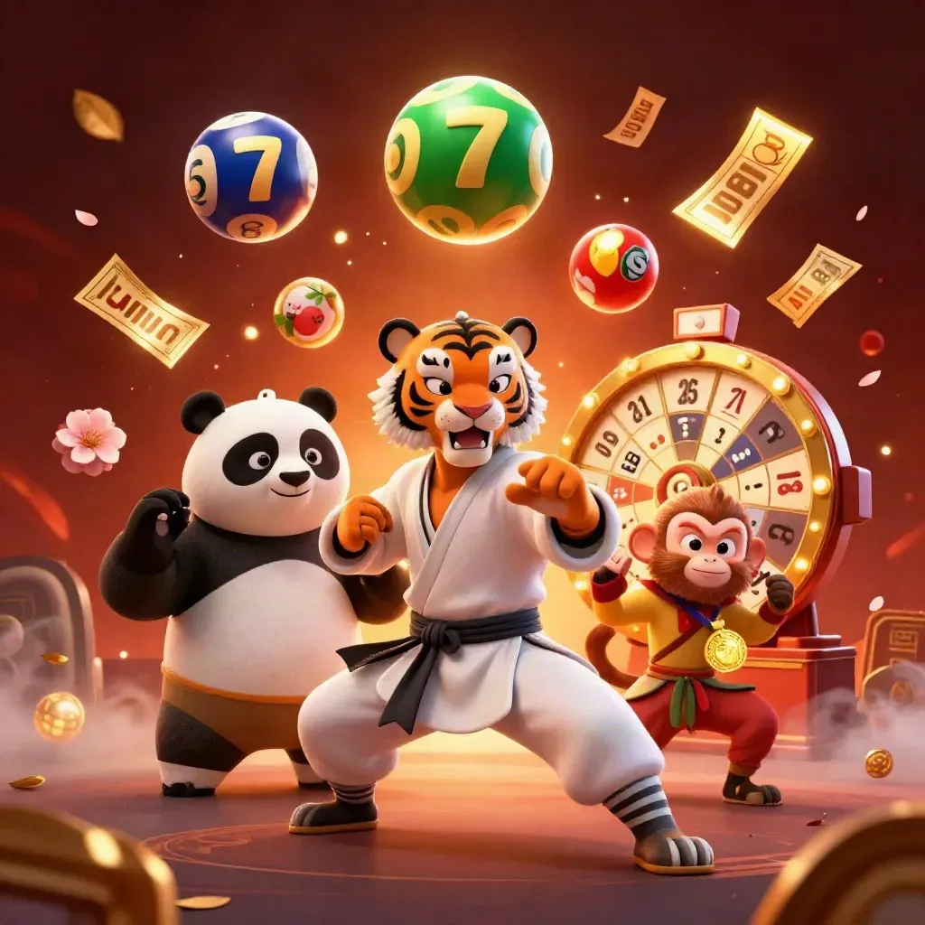 Tiger master, panda disciple, and monkey student amid casino bursts and glowing gold effects.