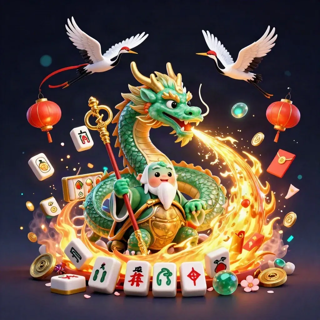 Emerald dragon, turtle sage, and cranes amid gold fire, jade coins, lanterns, and casino loot.