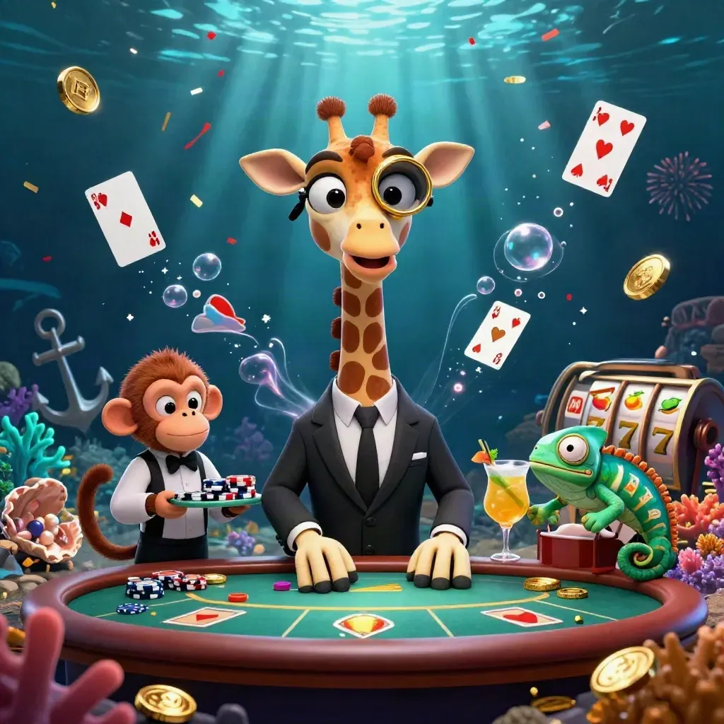 Giraffe, monkey and chameleon in a gold underwater casino with coins, coral and fireworks