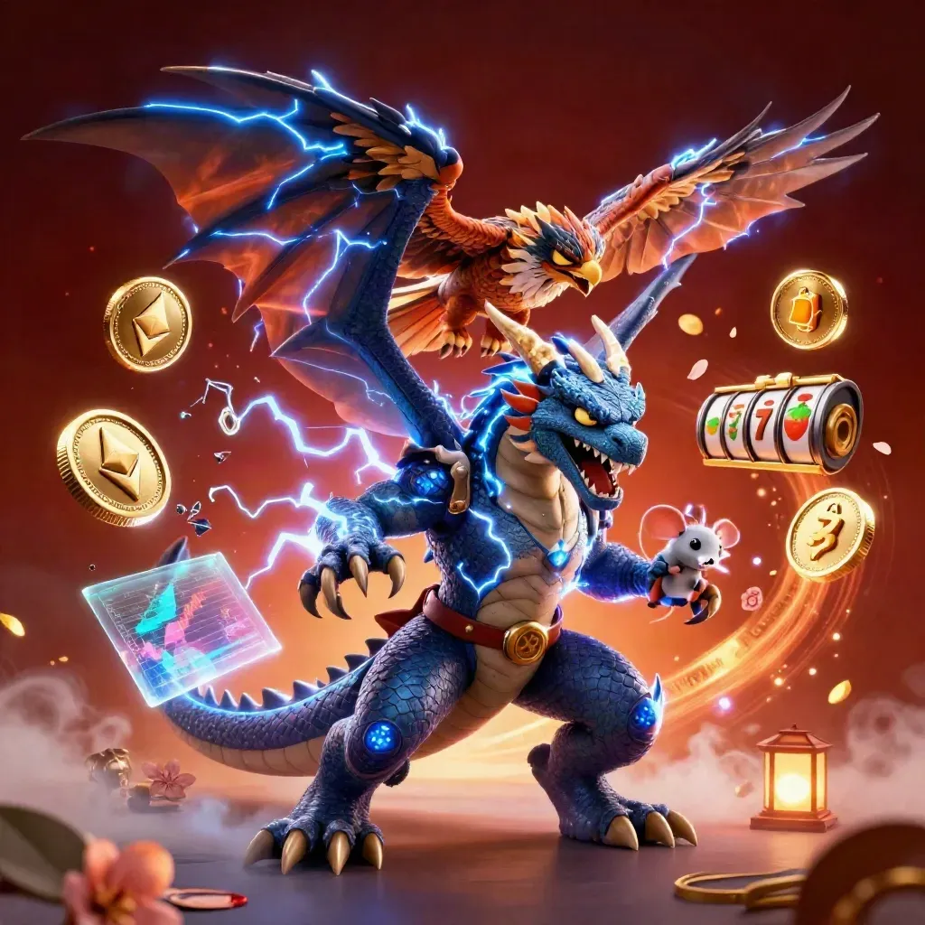 Thunder dragon, wind hawk and static mouse amid casino coins and lightning.