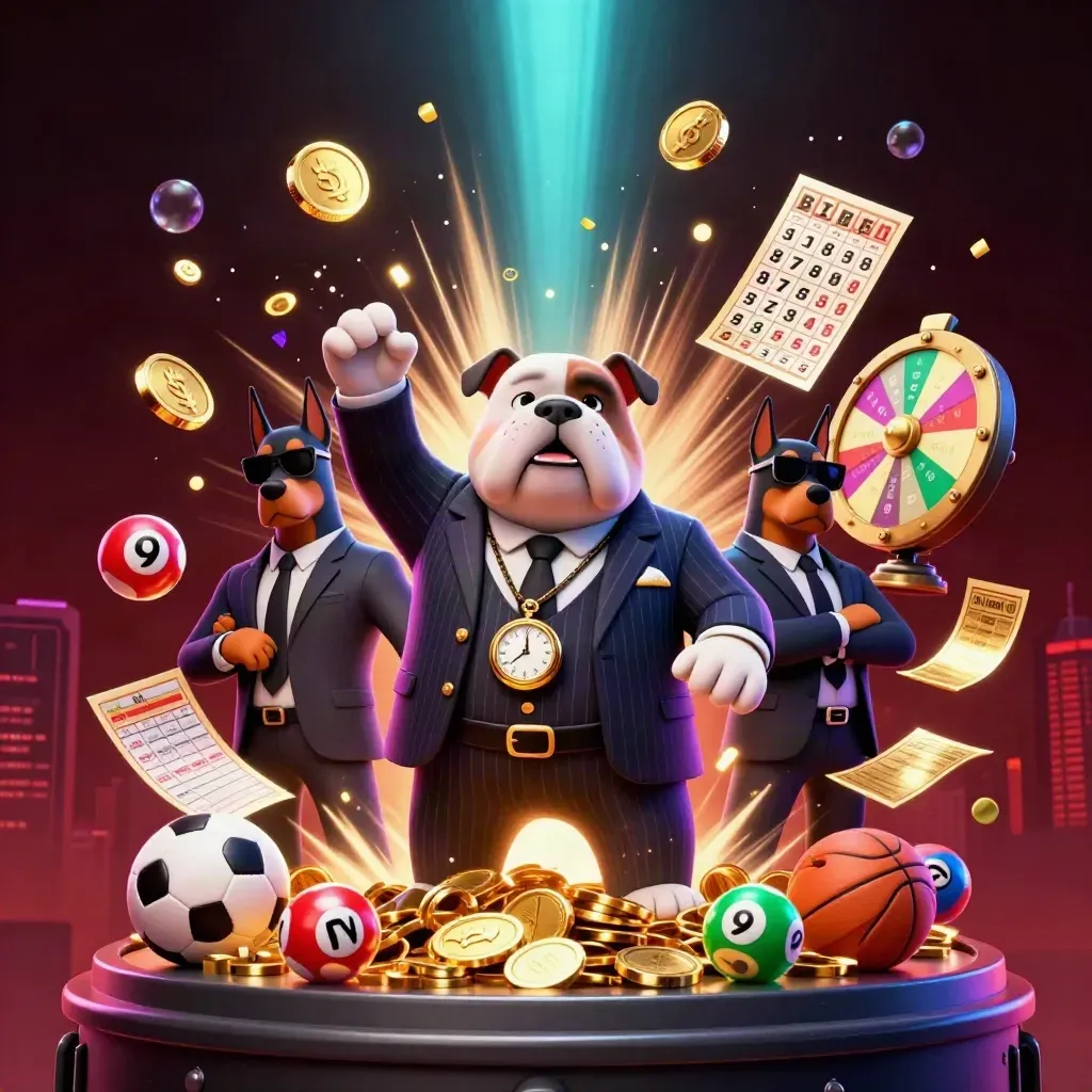 Cartoon mafia bulldog and two dobermans amid casino bursts, coins, balls, wheel, and neon light.