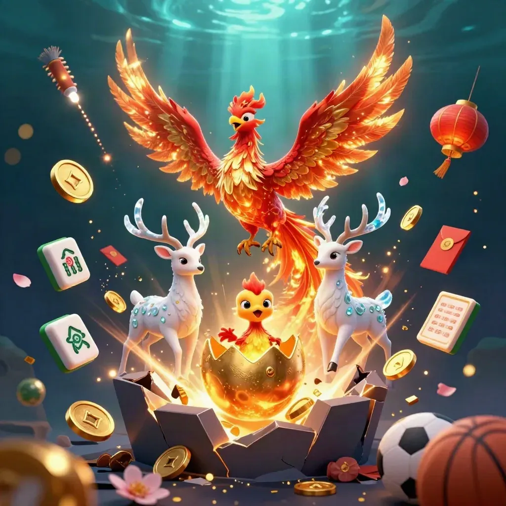 Fire phoenix, baby phoenix, crystalline stag amid casino rewards and glowing coins