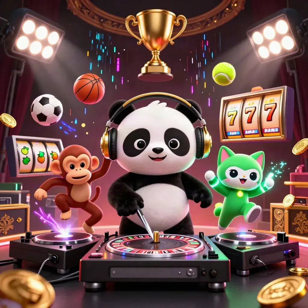 DJ panda, dancing monkey, and glow-stick kitten amid casino props and neon gold lighting.