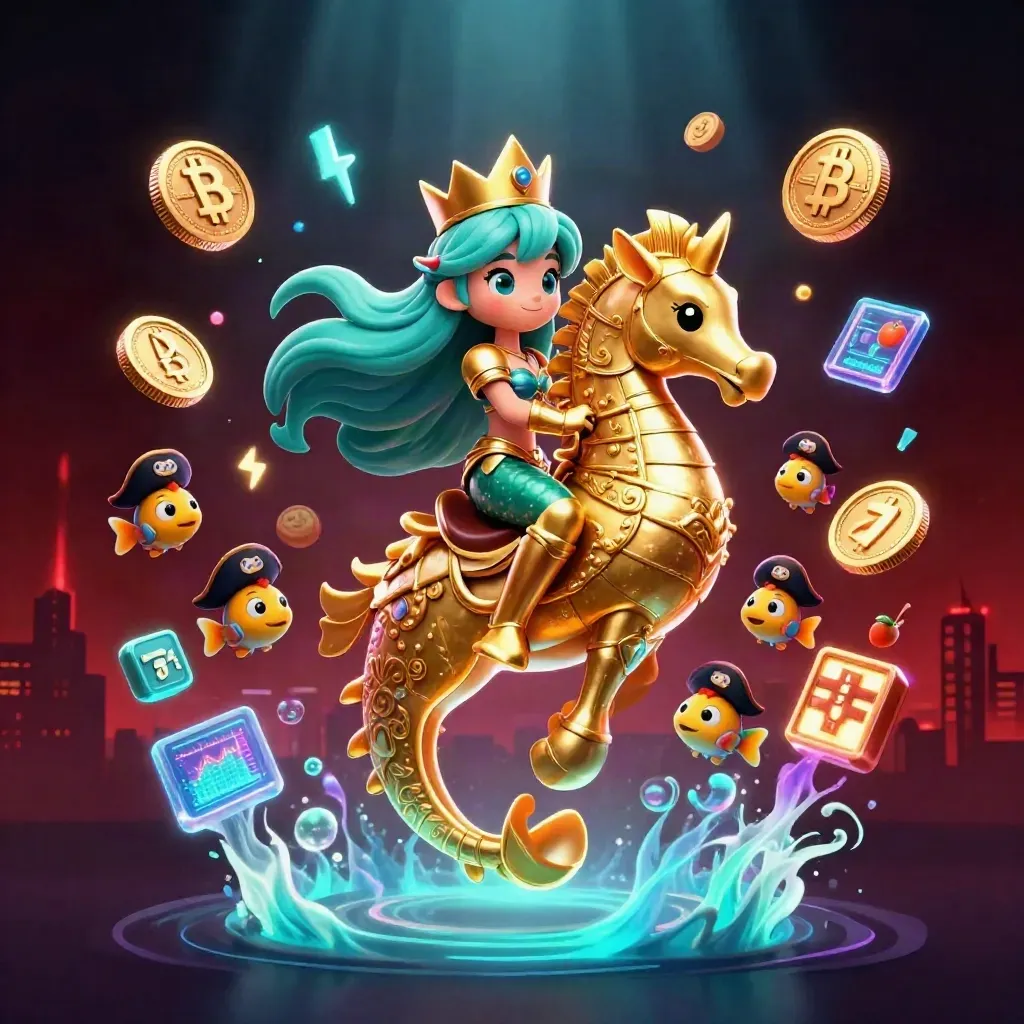 Turquoise-haired mermaid princess on an armored seahorse amid pirate fish, coins, lightning, and neon casino glow.