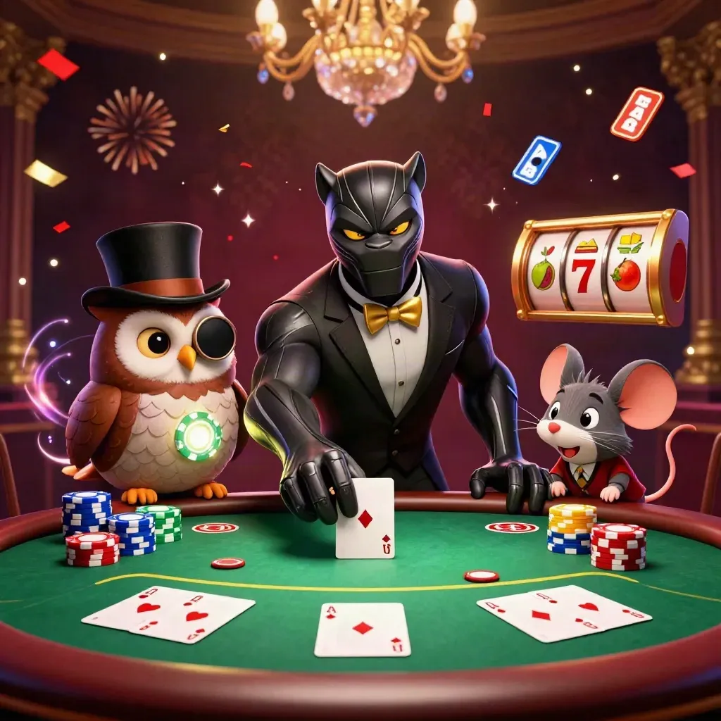 Panther, owl, and mouse at a glowing casino table amid chips, cards, reels, and gold confetti