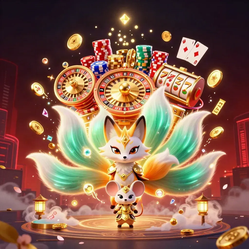 Nine-tailed fox spirit with a samurai mouse, gold coins, roulette wheel, chips, and glowing casino magic.