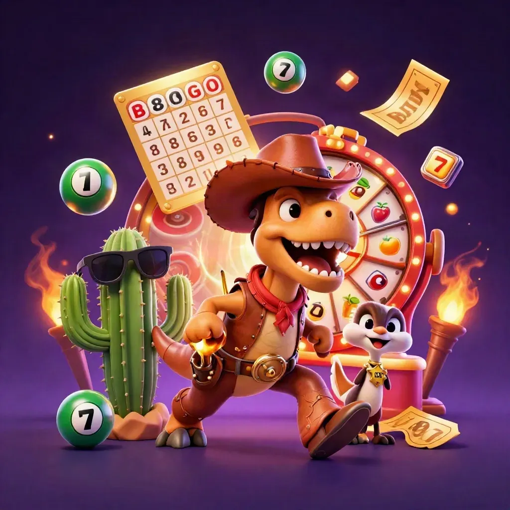 Cowboy T-Rex, cactus sidekick, and roadrunner amid casino symbols on a starry purple background.