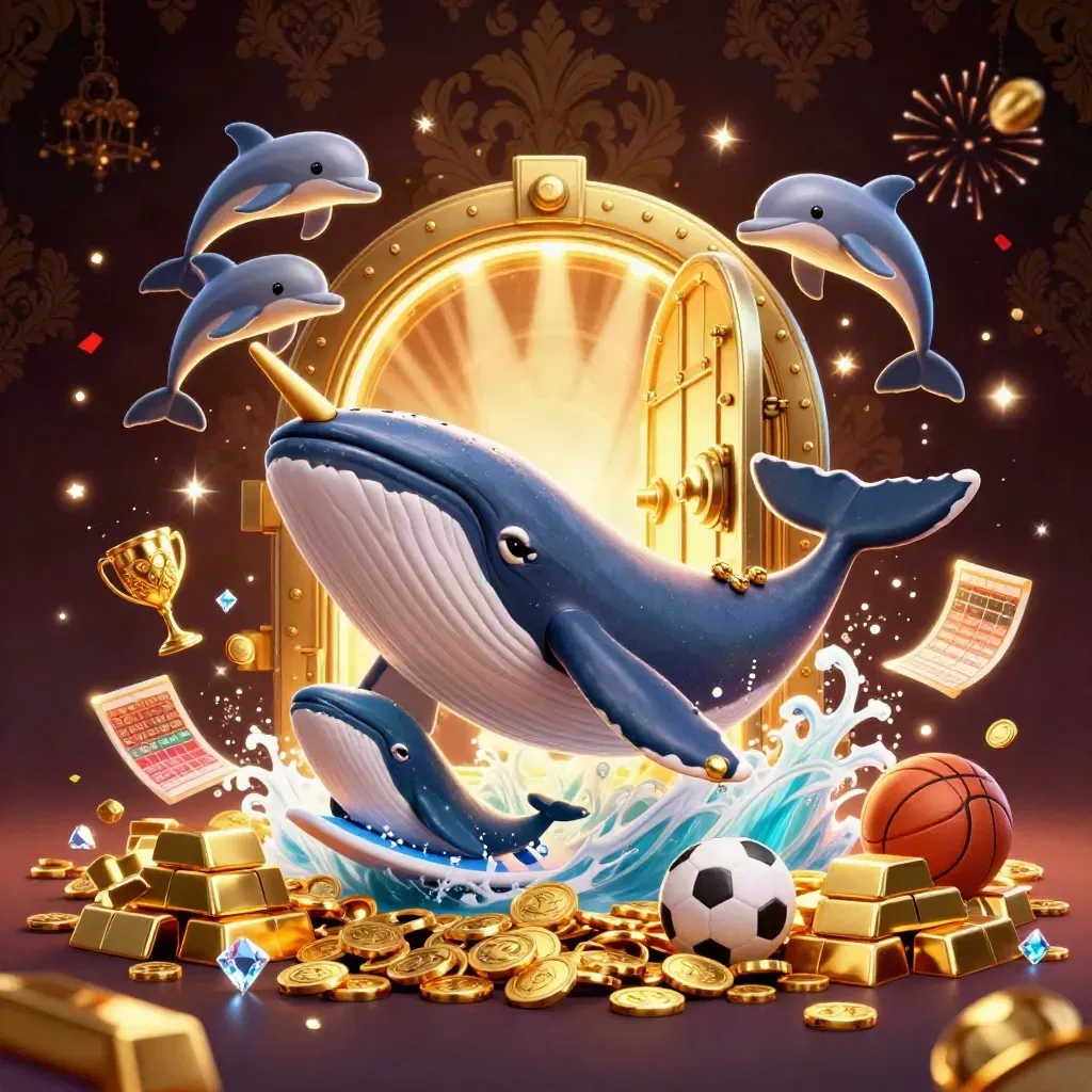 Cartoon whale captain, narwhal, and dolphins amid coins, vault glow, and casino spark effects.