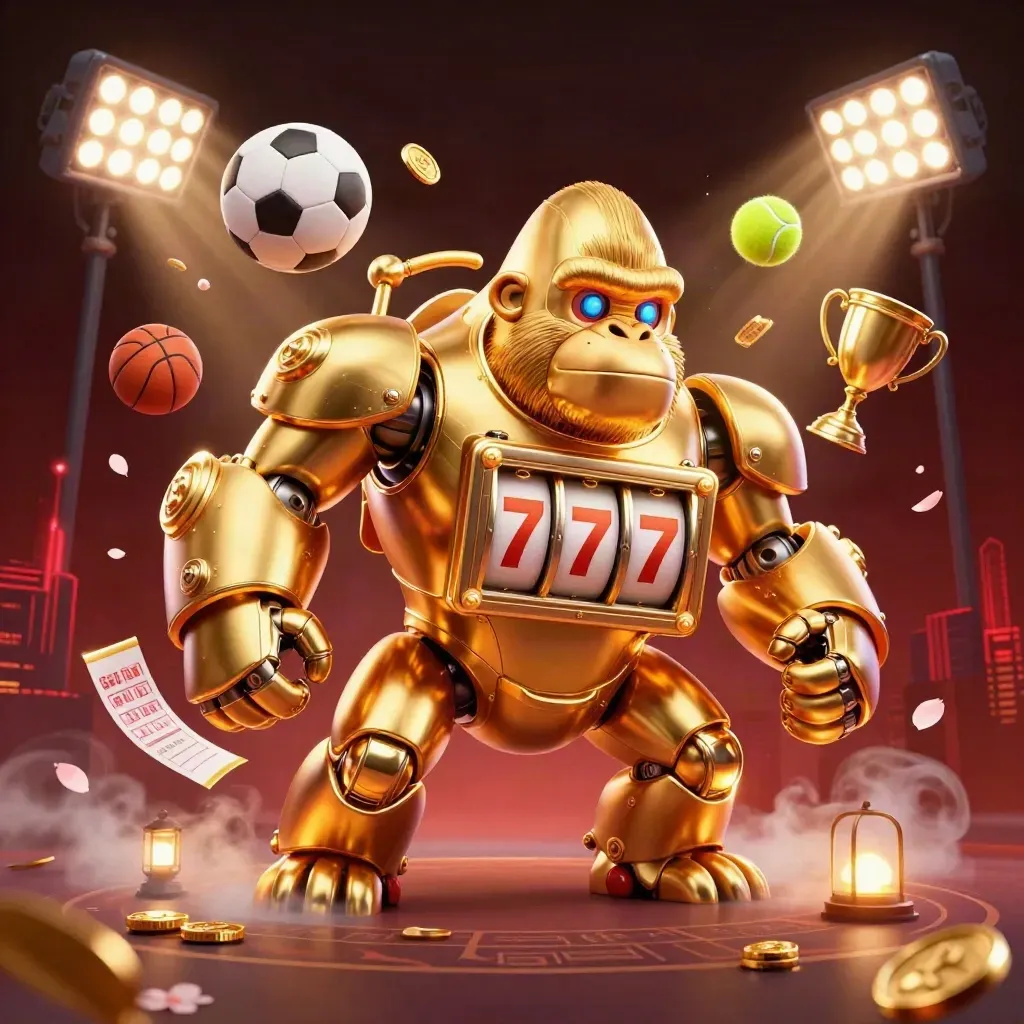 Golden gorilla slot mech with tiny monkey pilot, sports balls, coins, trophy, neon casino energy