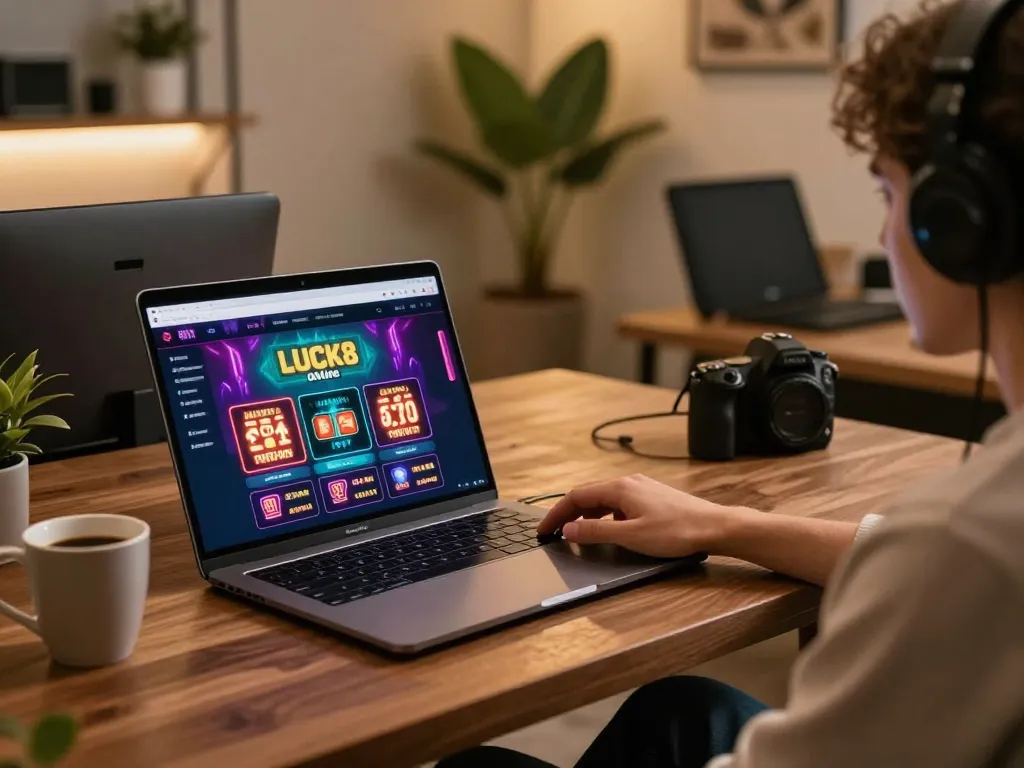 Engage with LUCK8's online casino using a sleek laptop in a cozy, stylish environment.