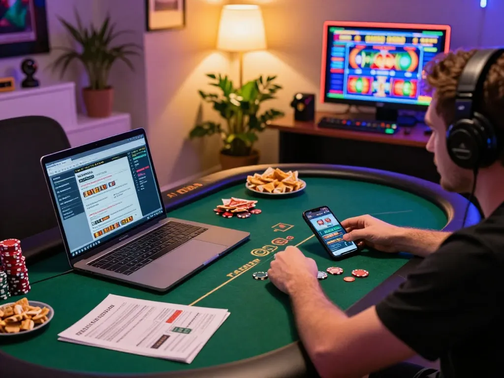 Player showcasing pragmatic strategies while playing poker online at home with focused attention