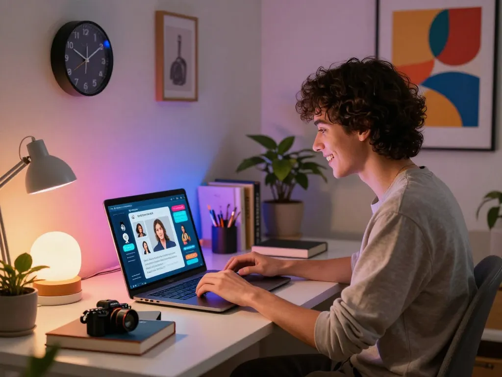 Interactive ai sex chat on a laptop screen in a cozy home office setting.