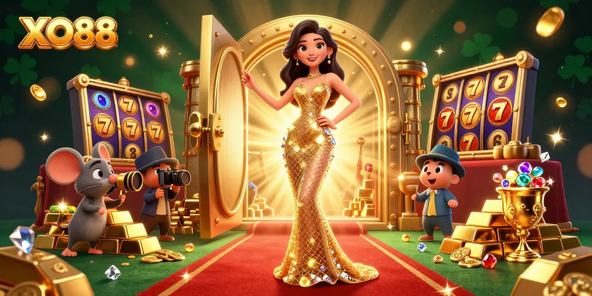 Experience thrilling gaming with XO88 at this vibrant casino scene featuring slot machines and sparkling treasures.