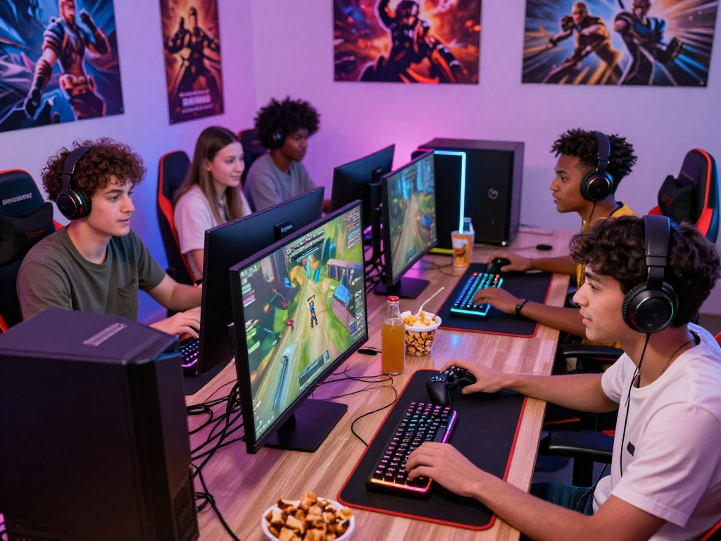 Fair online gaming community with players enjoying multiplayer experience in a vibrant setting.