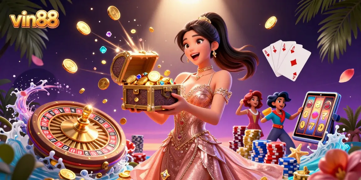 Experience the thrill of winning at vin88 with a luxurious treasure chest overflowing with golden gems in this vibrant casino scene.