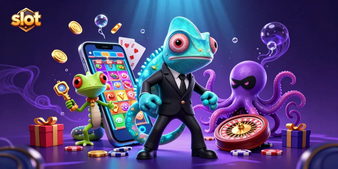 Engaging slot game scene with a secret agent chameleon and tech-gecko companion.