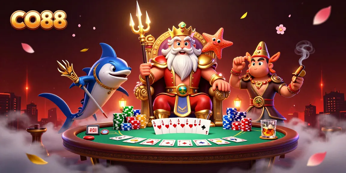 Engage in CO88 casino action with Neptune and dynamic poker elements in this vibrant illustration.