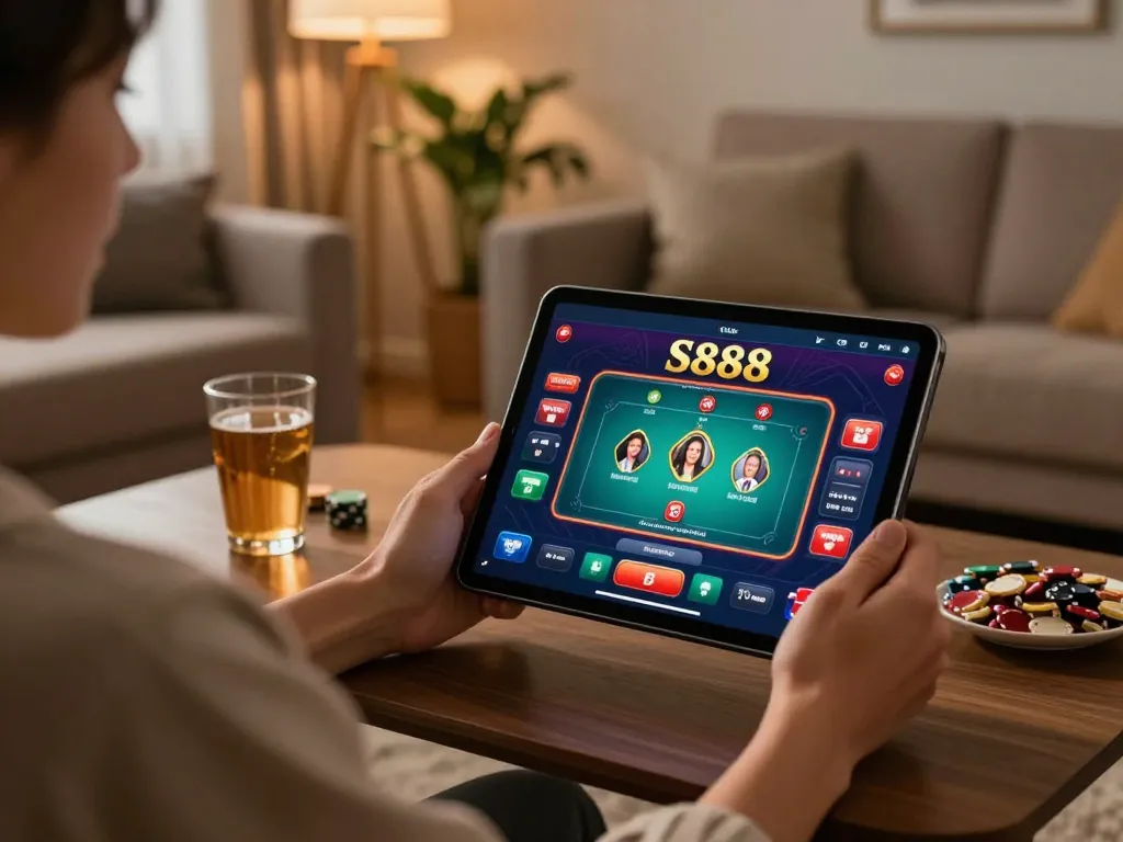 S888 user engaging with online casino gaming on a tablet in a cozy home environment.