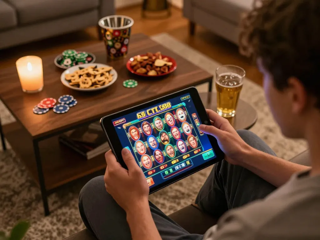 Person playing SC88 slots on a tablet in a cozy home setting, showcasing engaged gameplay.