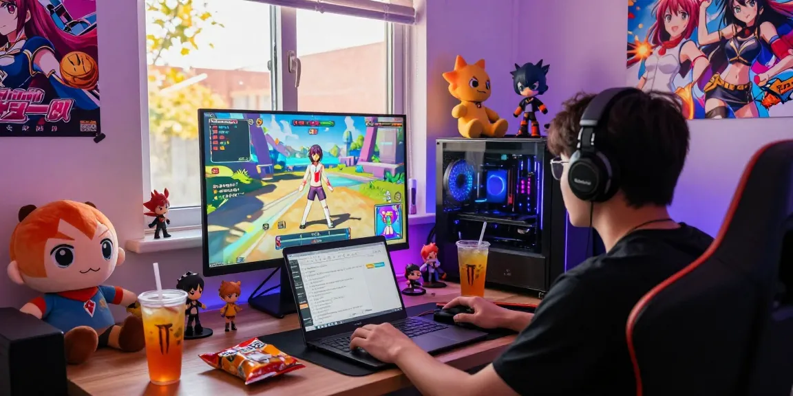 Gamer playing an ecchi game in a vibrant gaming room filled with collectibles and snacks
