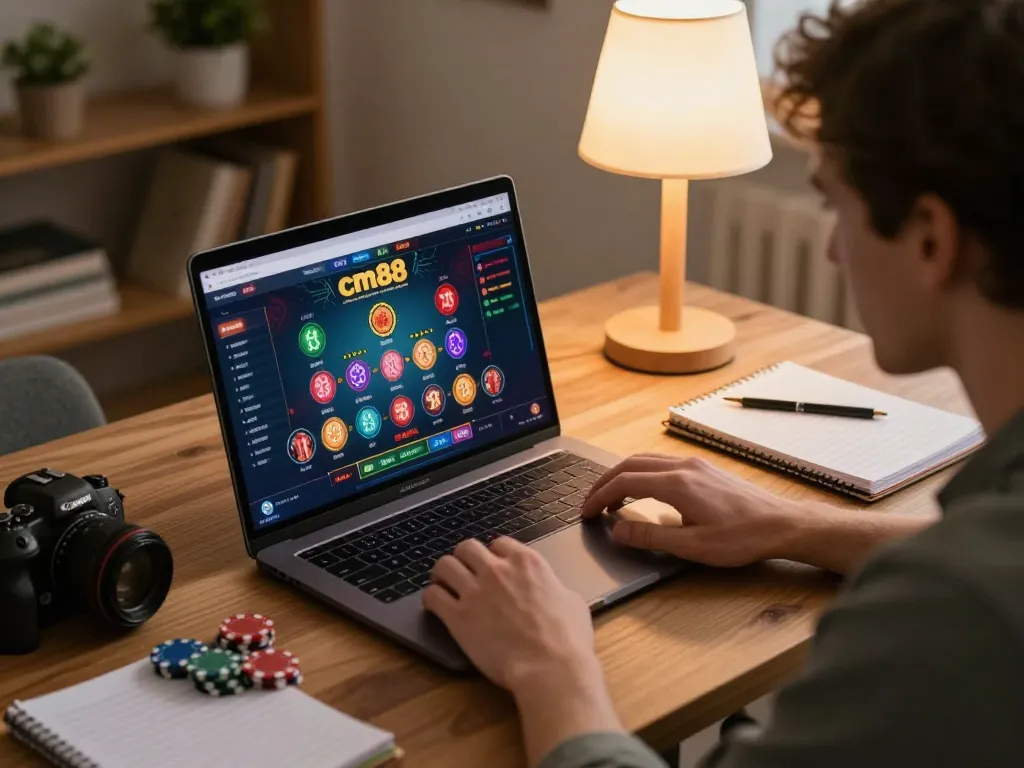 Person engaging with cm88 casino on laptop, immersed in a home gaming experience
