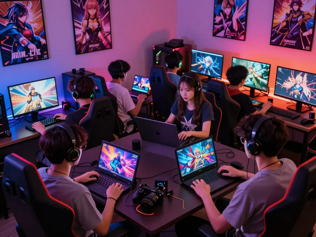 Gamers immersed in porngames on various devices in a lively, colorful gaming environment.