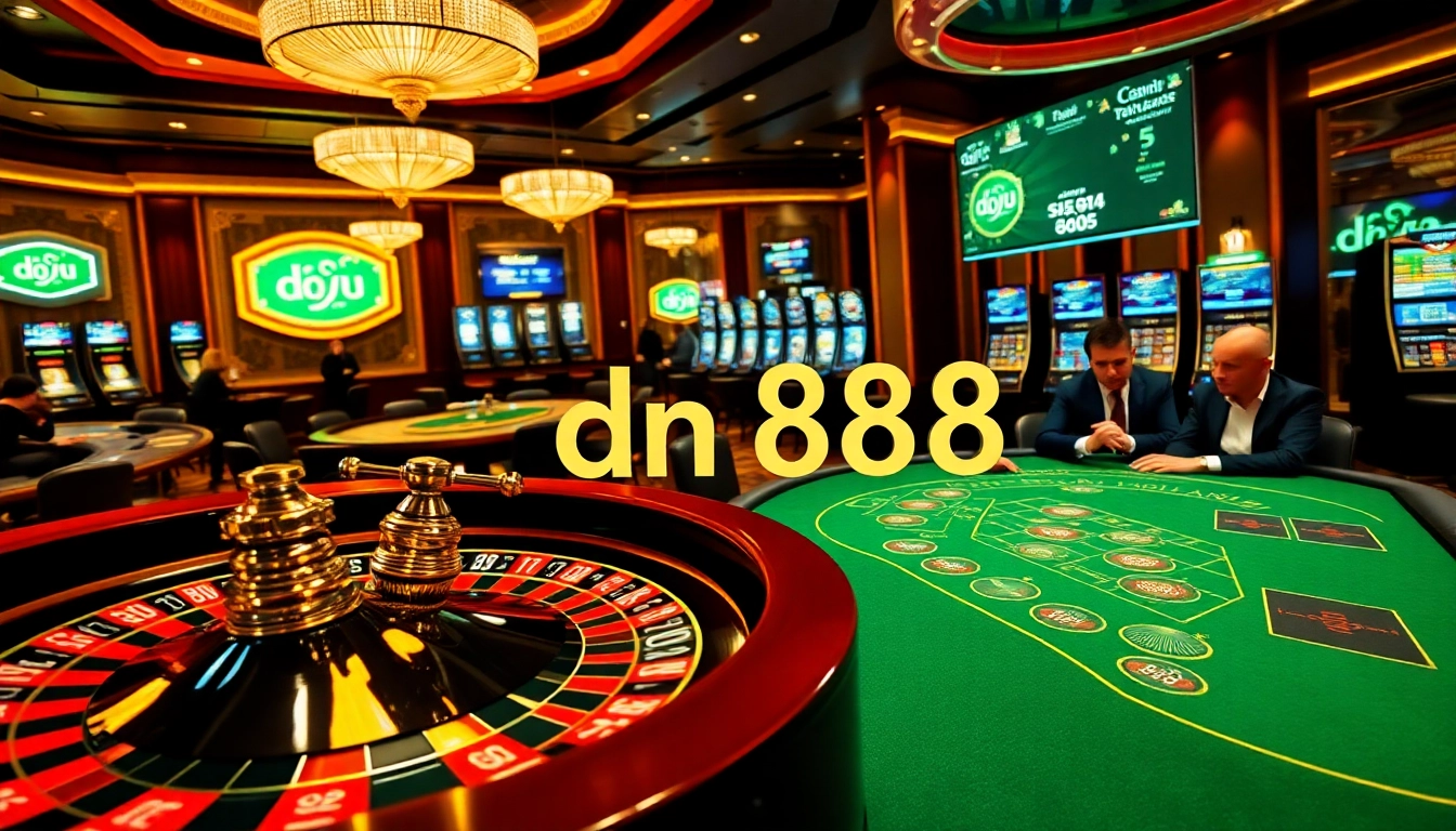 Experience thrilling gameplay at dn 888 with a vibrant casino scene showcasing roulette, poker tables, and slot machines.