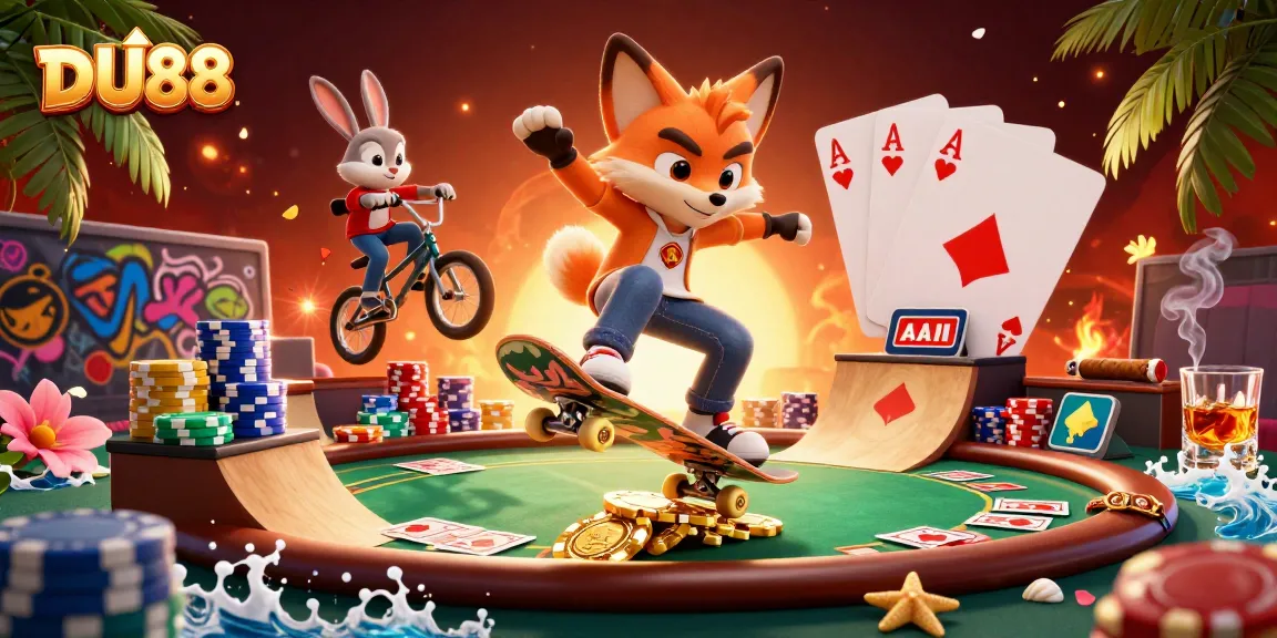 Experience thrilling gameplay at DU88 with a vibrant 3D illustration of fox and rabbit in a casino world.