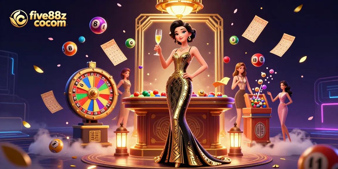 Engage with five88z cocom's vibrant casino scene showcasing elegant gaming elements and dynamic lottery aspects.