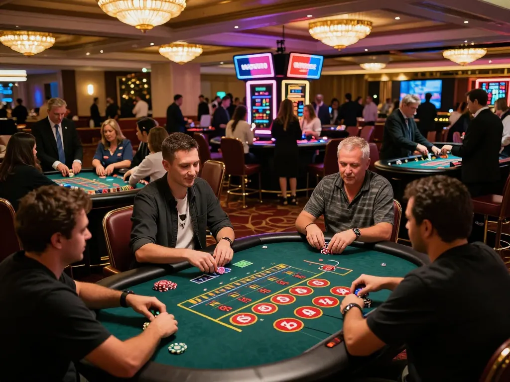 Engaged players at the MPOID casino table celebrating a win during a festive gaming night.