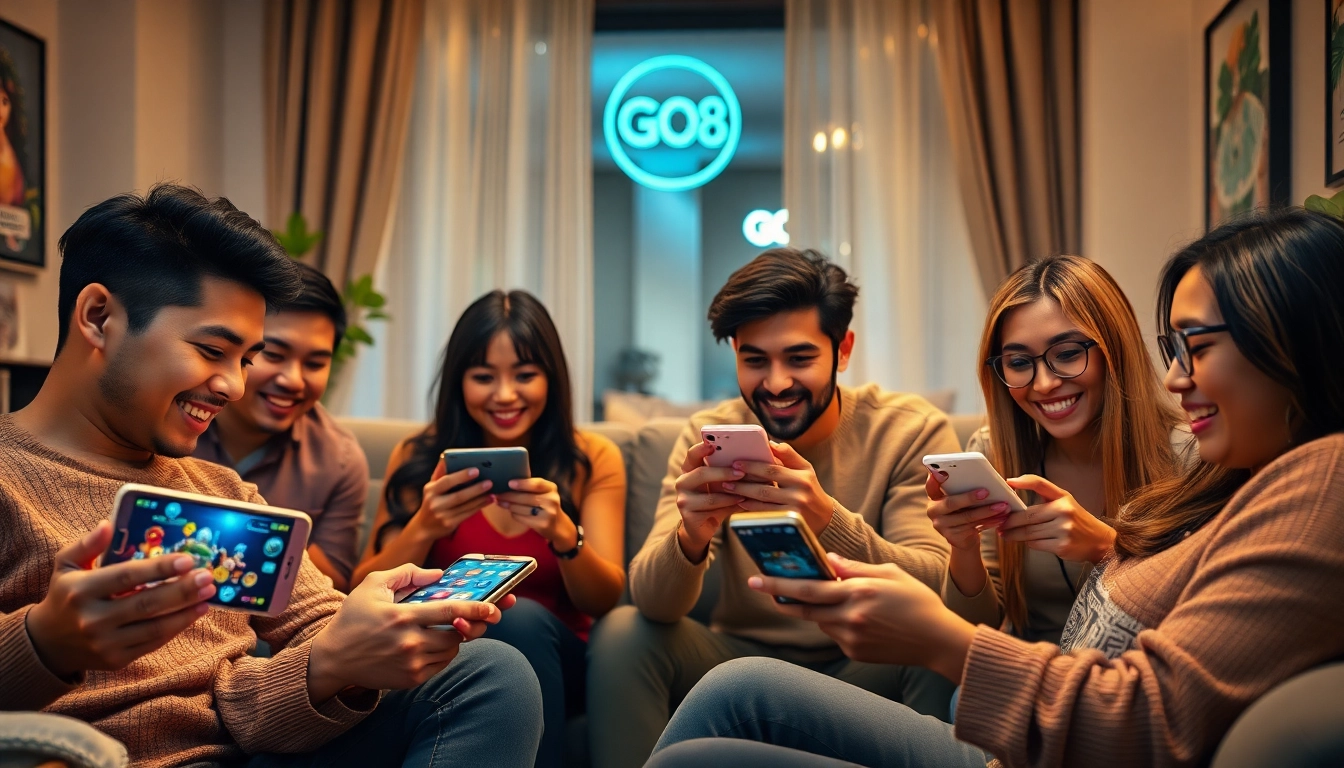Tải GO88: Excited players engaged in online gaming with vibrant colors and cozy atmosphere.