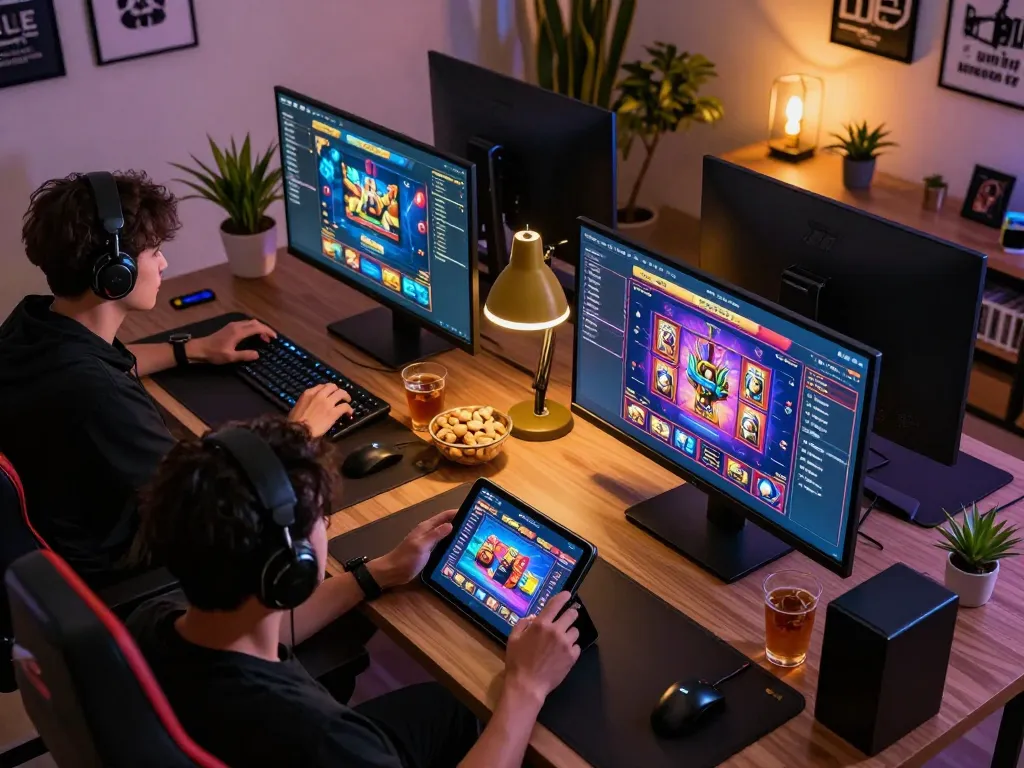 Situs slot gaming session at home with multiple screens displaying games and a focused player.
