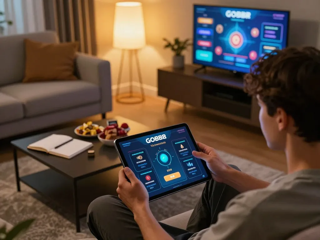 Playing with GO88 app on tablet in modern living room setting, showcasing strategic gaming.
