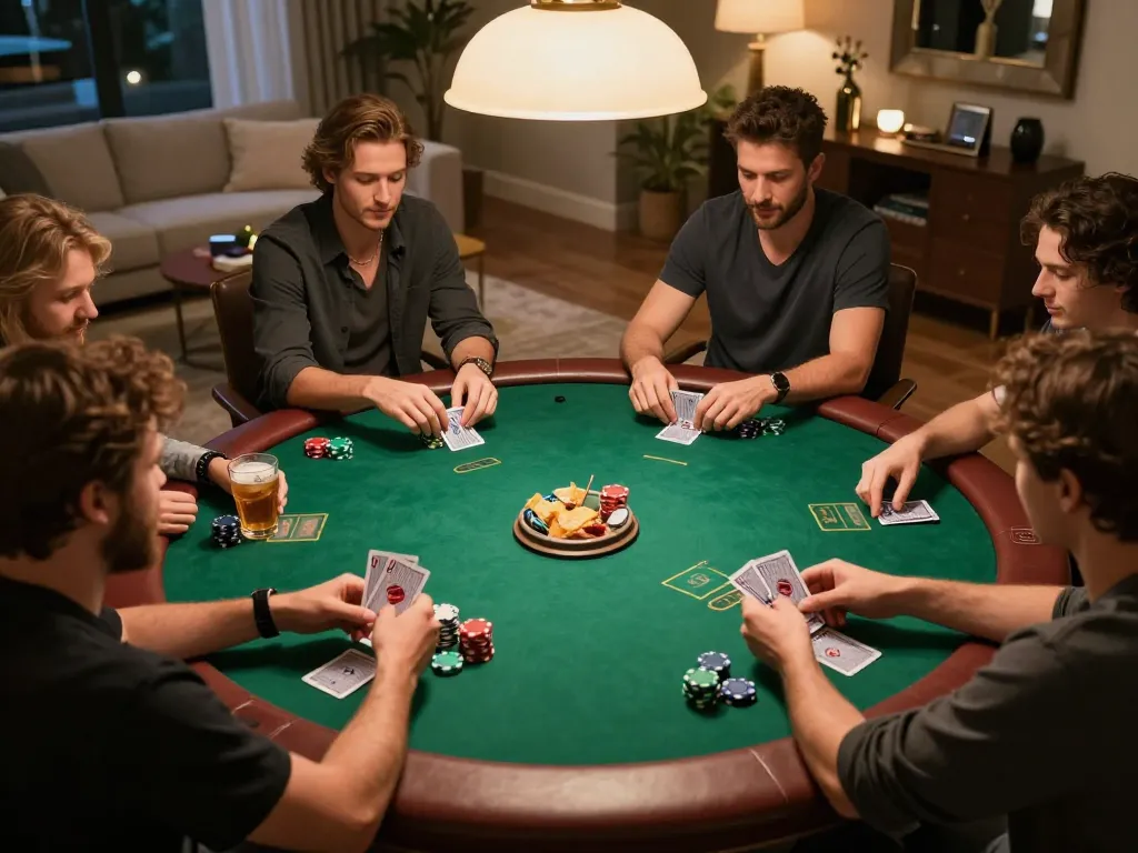 Friends enjoying a poker night around a green felt table, showcasing SC88 strategy and camaraderie.
