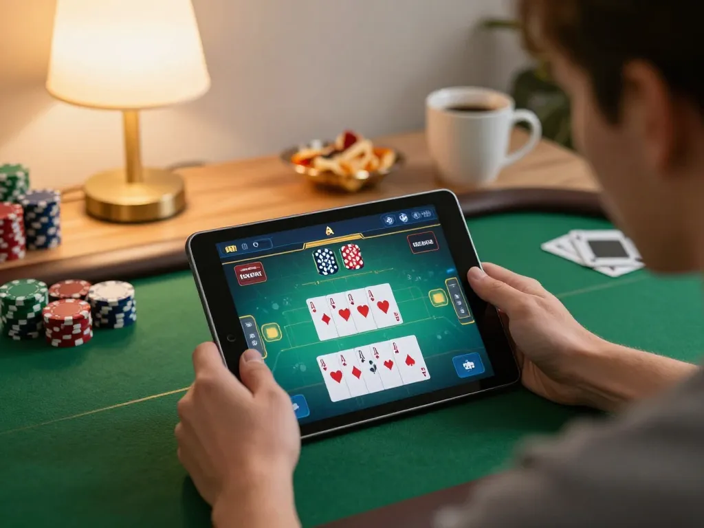 Player enjoying poker at home while using the rik vip app on a tablet for better gaming experience.