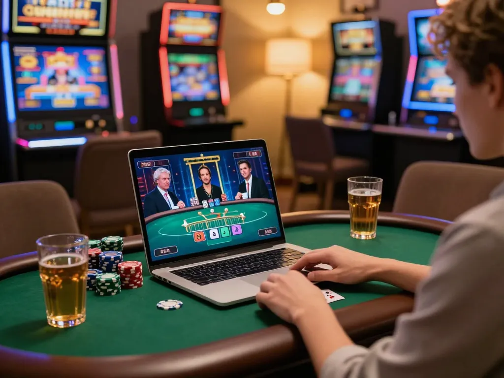 Pemain Bintangmpo terlibat dalam poker online di pengaturan rumah yang nyaman, menangkap esensi dari permainan strategis.