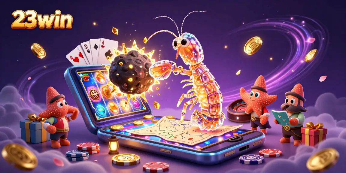 Experience thrilling wins with 23win's vibrant casino gaming illustration featuring dynamic characters and action.